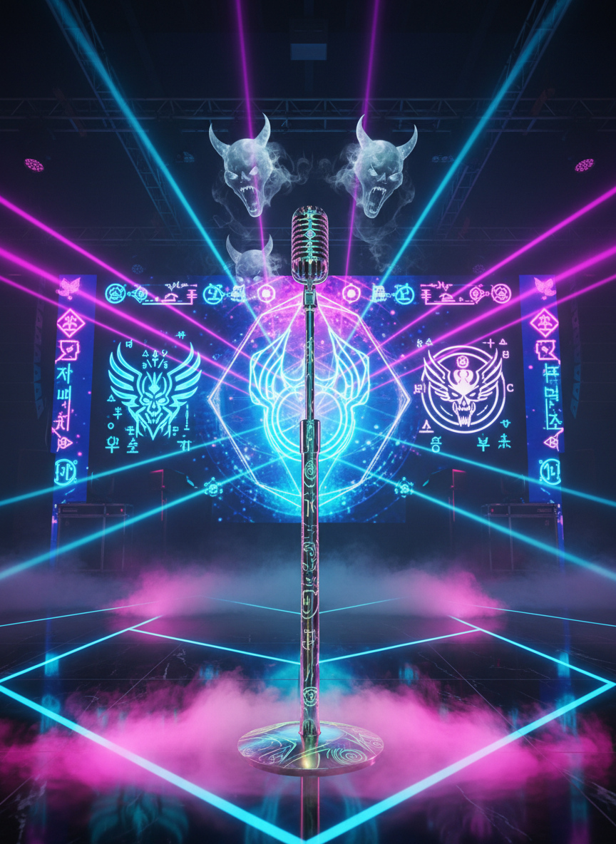 A gleaming silver microphone stand wrapped in holographic demon sigils, standing center stage in front of a massive LED screen displaying stylized K-pop demon hunter logos. The floor is glossy black, reflecting neon pink and electric blue light beams that crisscross dramatically. Floating around the mic are translucent, horned silhouettes made of smoky light, frozen mid-scream. Soft fog curls at the base, catching the glow of under-stage lighting. Shot in photographic realism from a slightly low, eye-level angle, with a shallow depth of field that blurs distant stage speakers and light rigs. The mood is playful yet intense, like a concert about to summon something powerful, with vibrant, high-contrast colors and a crisp, modern feel.