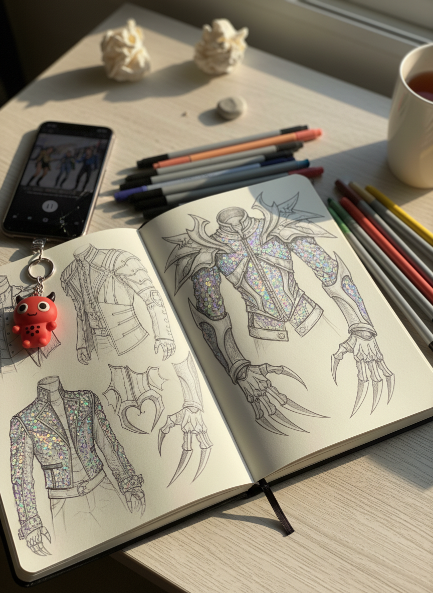 A glossy black notebook open on a pale wooden desk, its pages filled with meticulously sketched K-pop demon hunter costumes: armored jackets adorned with shimmering sequins, clawed gauntlets shaped like stylized hearts, and wing-like shoulder pieces. Beside the notebook sit a rainbow array of fine-tip markers, a cracked phone showing a paused music video, and a small demonic-looking keychain shaped like a cute devilish mascot. Diffused afternoon light from an unseen window creates gentle, natural shadows and subtle highlights on the ink lines. Shot in photographic realism from a slightly elevated, three-quarter angle, everything in crisp focus. The mood is playful and creative, like a fan’s secret concept lab, with warm, inviting tones and a cozy, lived-in desk aesthetic.
