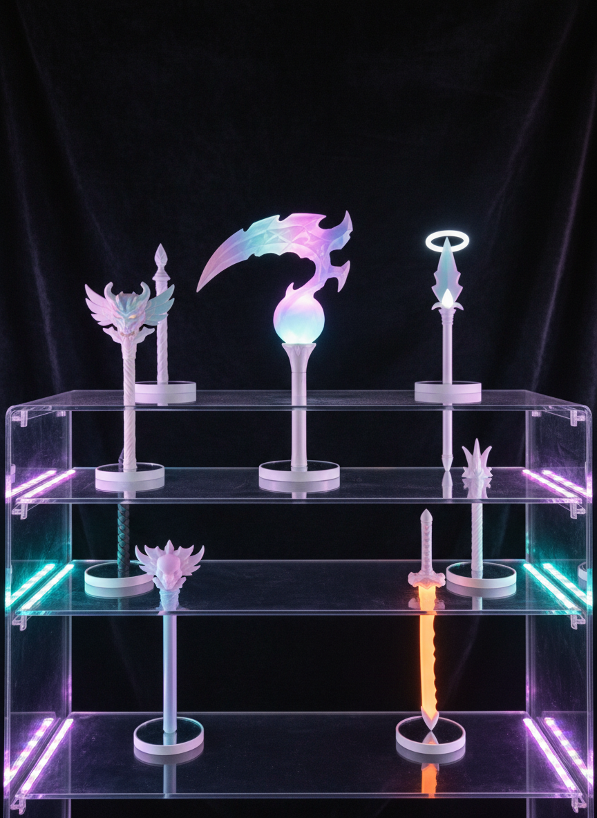A pristine, transparent acrylic display shelf filled with custom demon-slayer K-pop lightsticks, each designed like miniature mystical weapons. One resembles a crystalline scythe with a glowing pastel core, another a spear crowned with a tiny horned halo, all resting upright on mirrored bases. Behind them, a dark velvet backdrop makes the candy-bright colors pop. LED strip lights hidden along the shelf edges emit a soft, color-shifting glow—lavender, turquoise, hot pink—creating reflections in the acrylic surfaces. Photographic realism from an eye-level straight-on angle, with moderate depth of field so the central lightstick is sharp while those to the sides fade softly. The mood is whimsically powerful, like a collector’s altar to both fandom and fantasy, with a sleek, modern, display-worthy vibe.